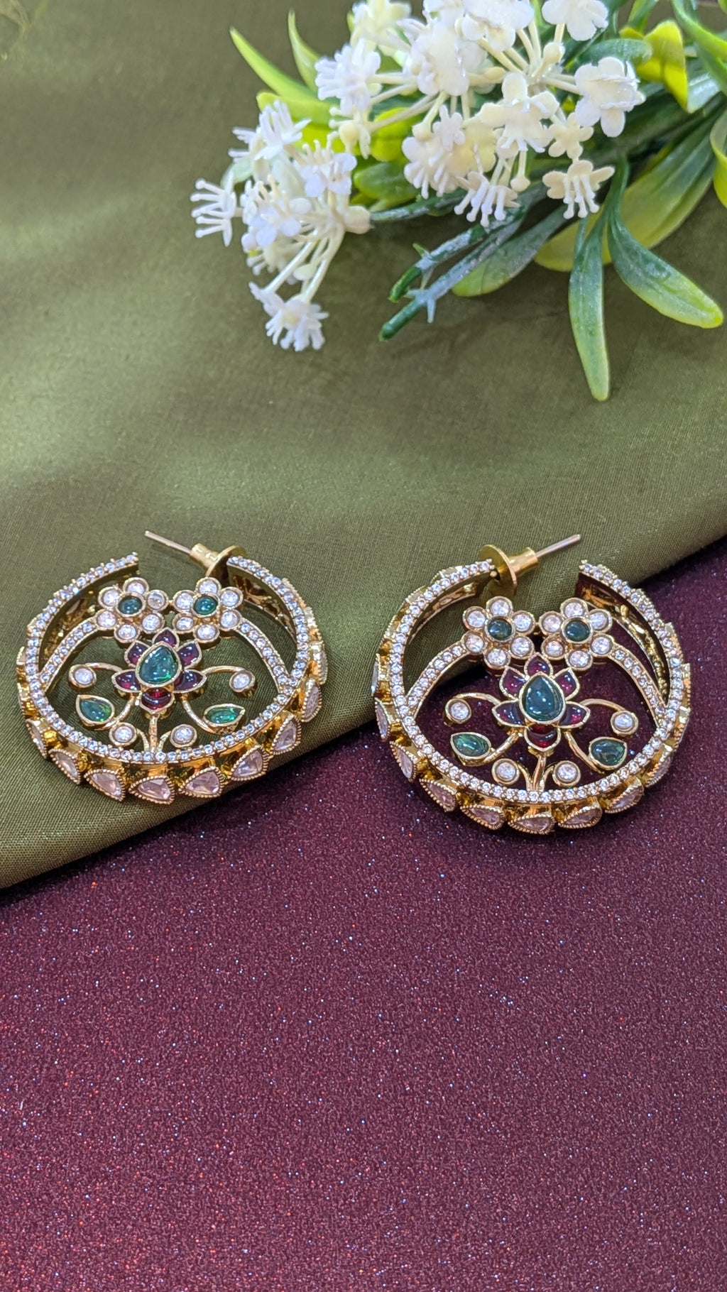 Regal Lotus Kundan Hoop Earrings