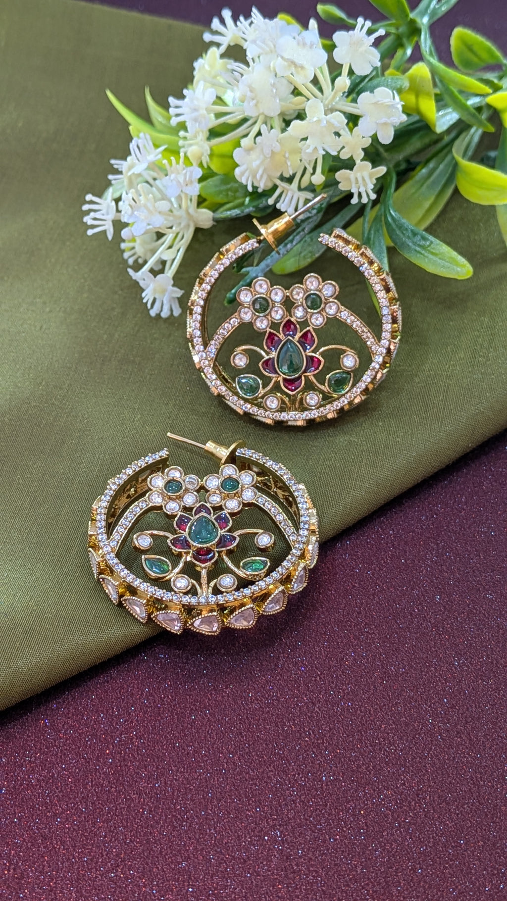 Regal Lotus Kundan Hoop Earrings