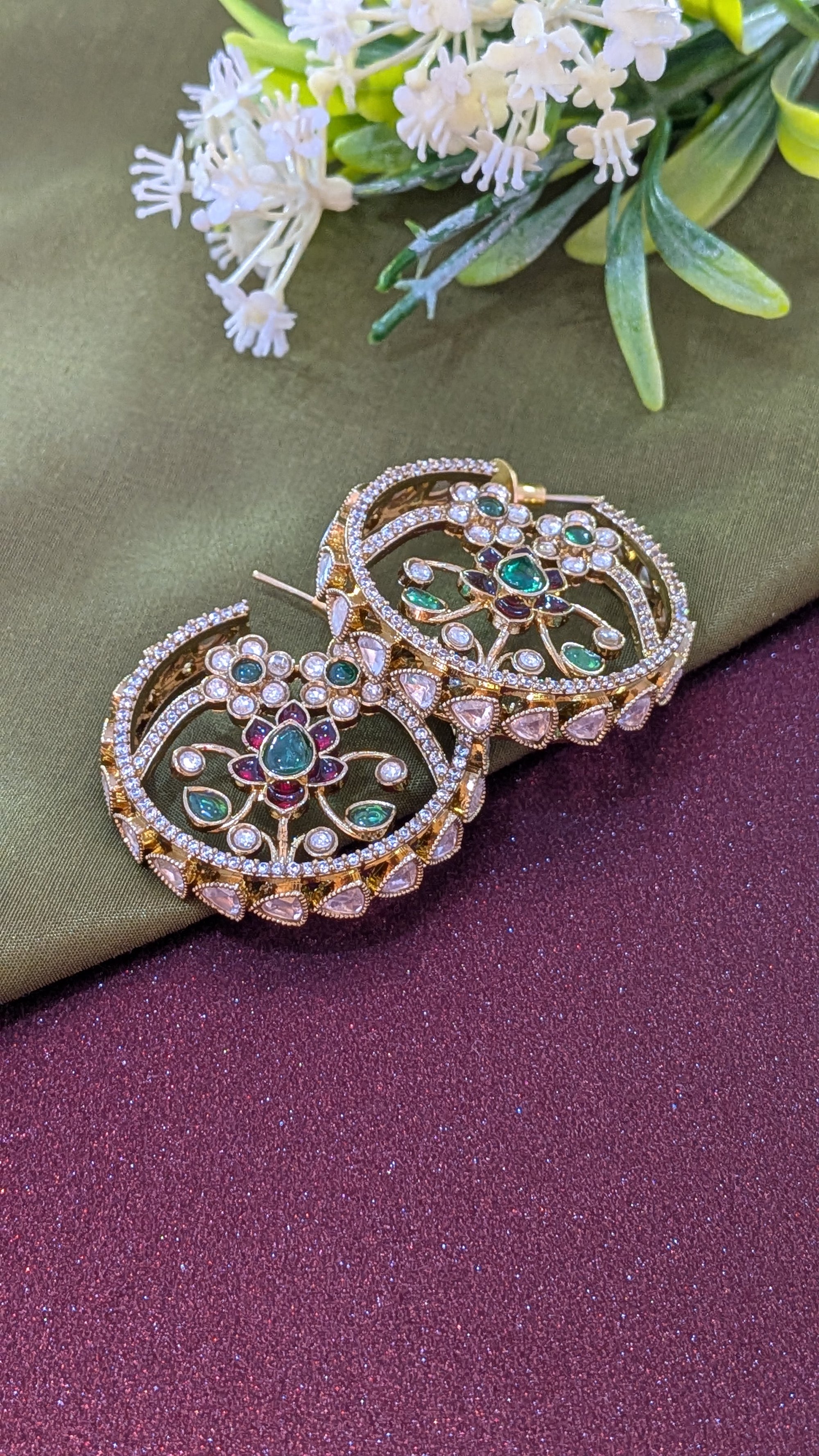 Regal Lotus Kundan Hoop Earrings