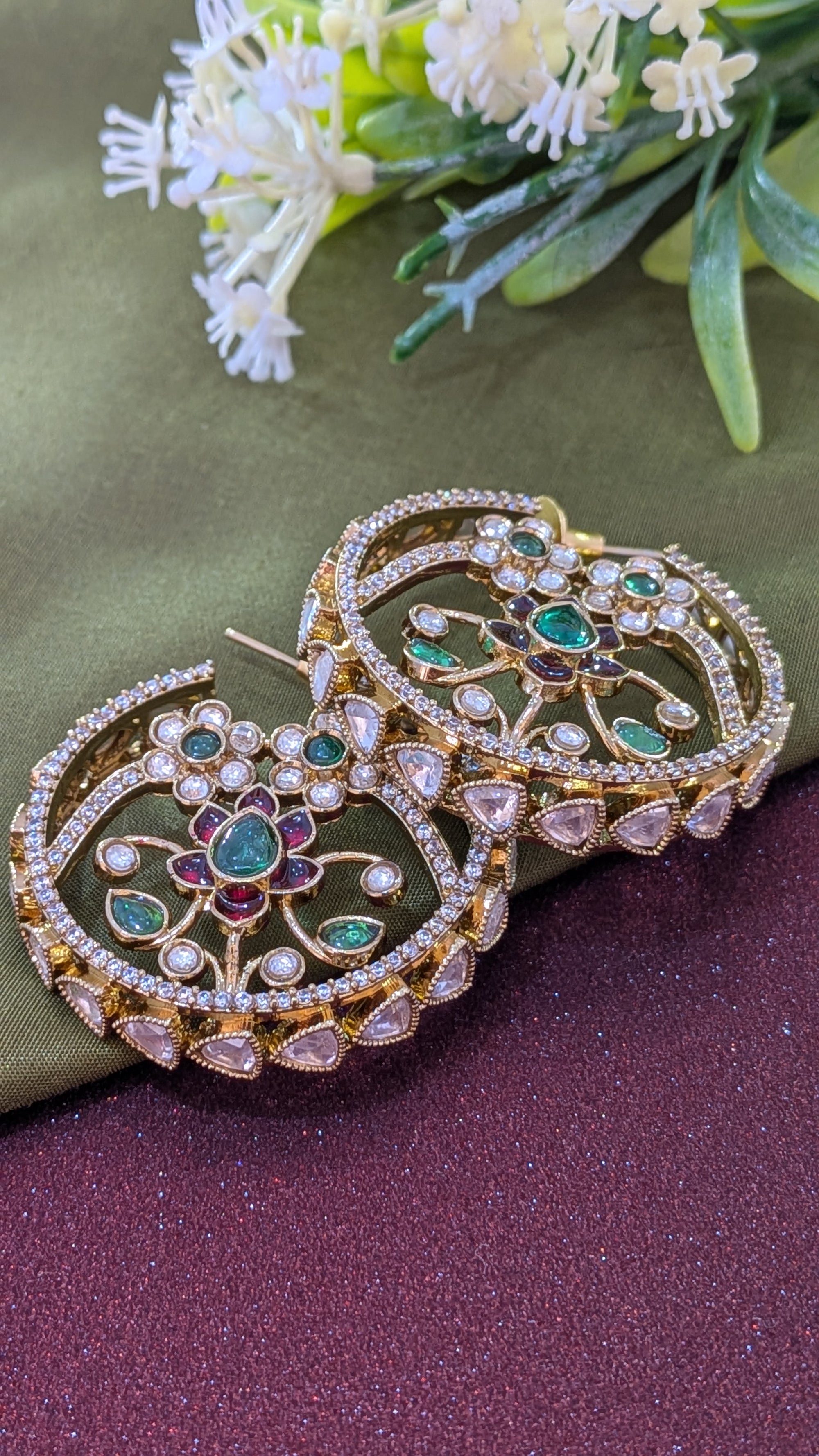 Regal Lotus Kundan Hoop Earrings