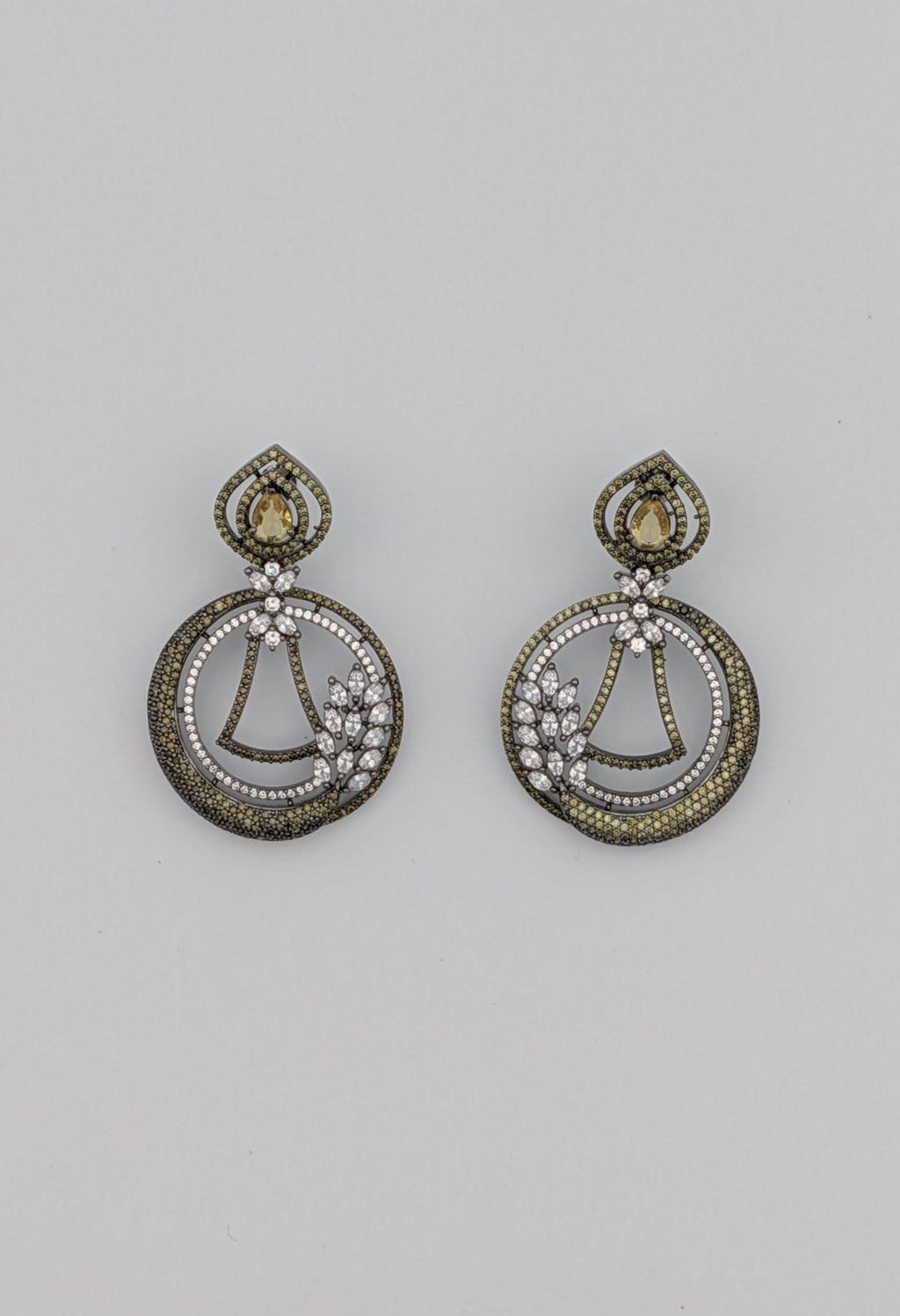 antique earrings, gold silver earrings, teardrop crystal earrings, zircon statement earrings, festive jewelry, ethnic accessories, TreasureDrum earrings