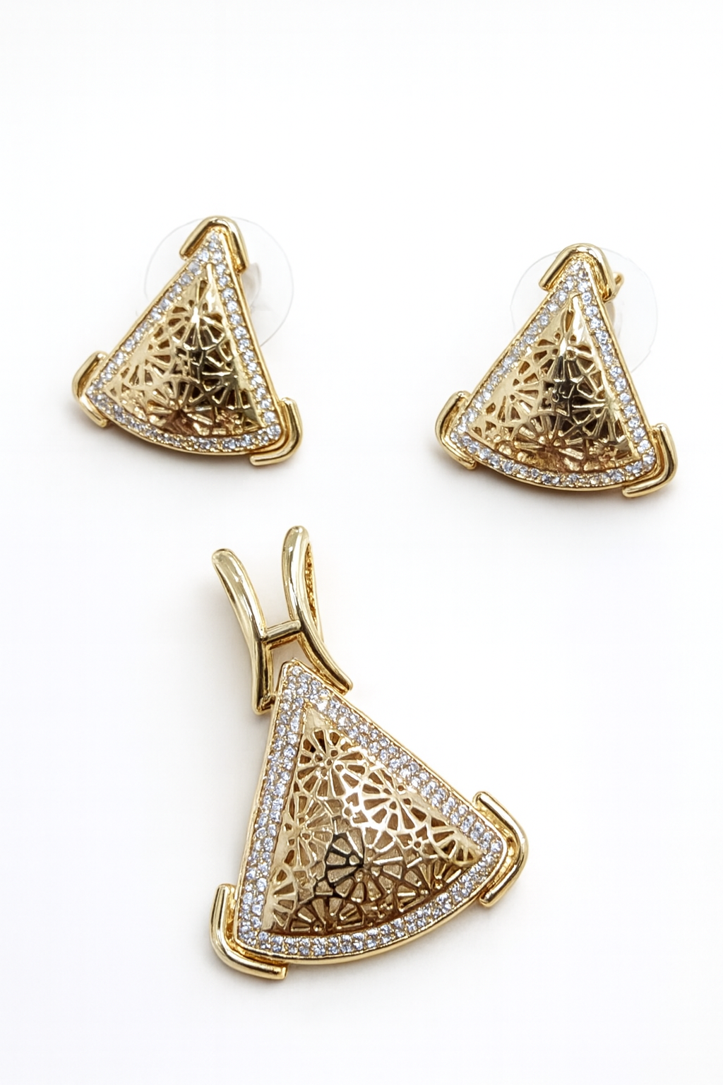 Gold triangle-shaped earrings and pendant