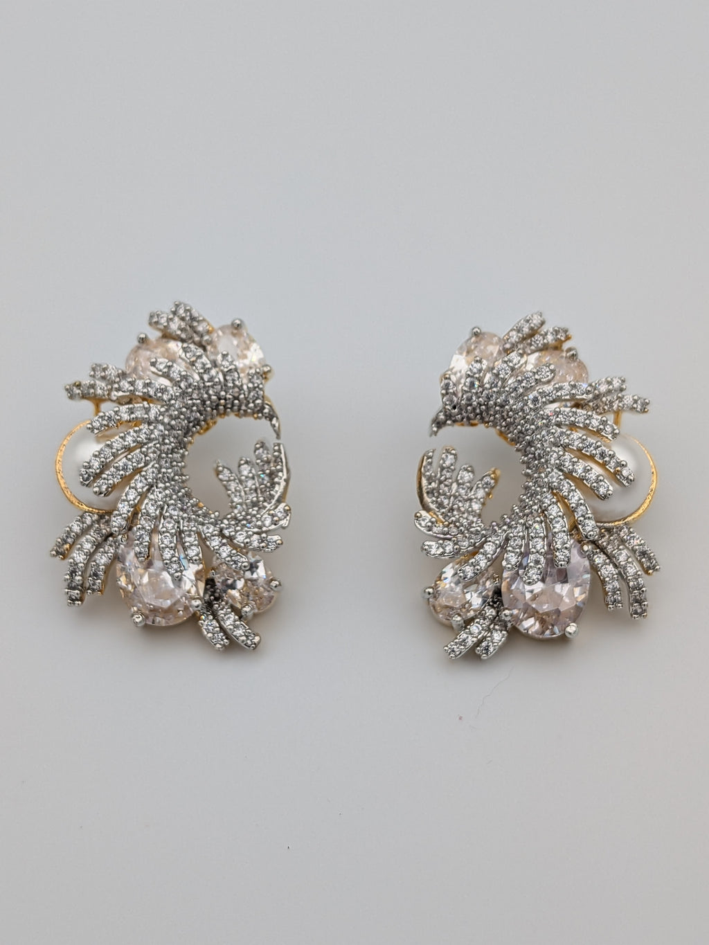 White crystal and zircon swirl earrings with pearl accent  — luxury statement earrings by TreasureDrum