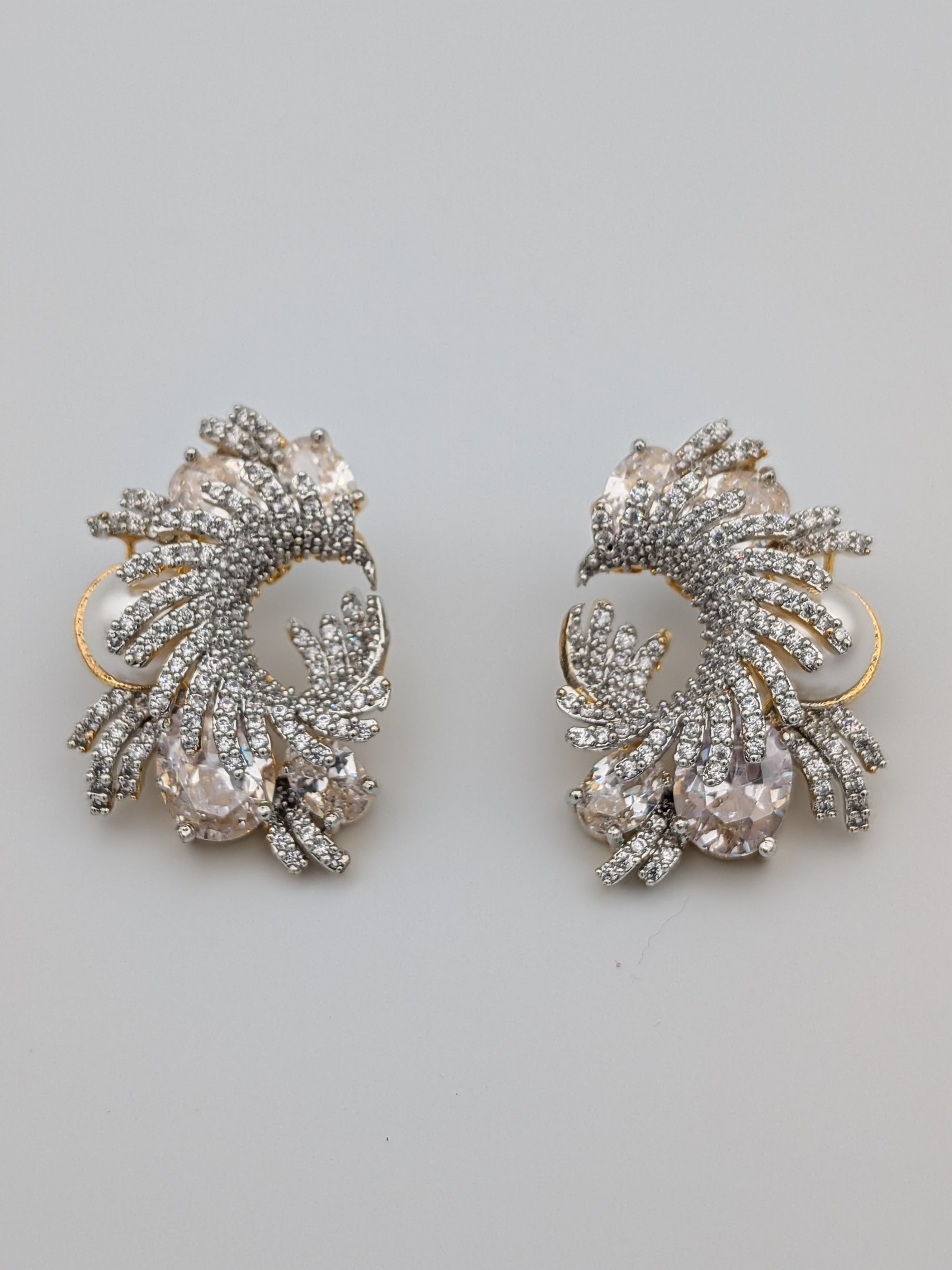 White crystal and zircon swirl earrings with pearl accent  — luxury statement earrings by TreasureDrum