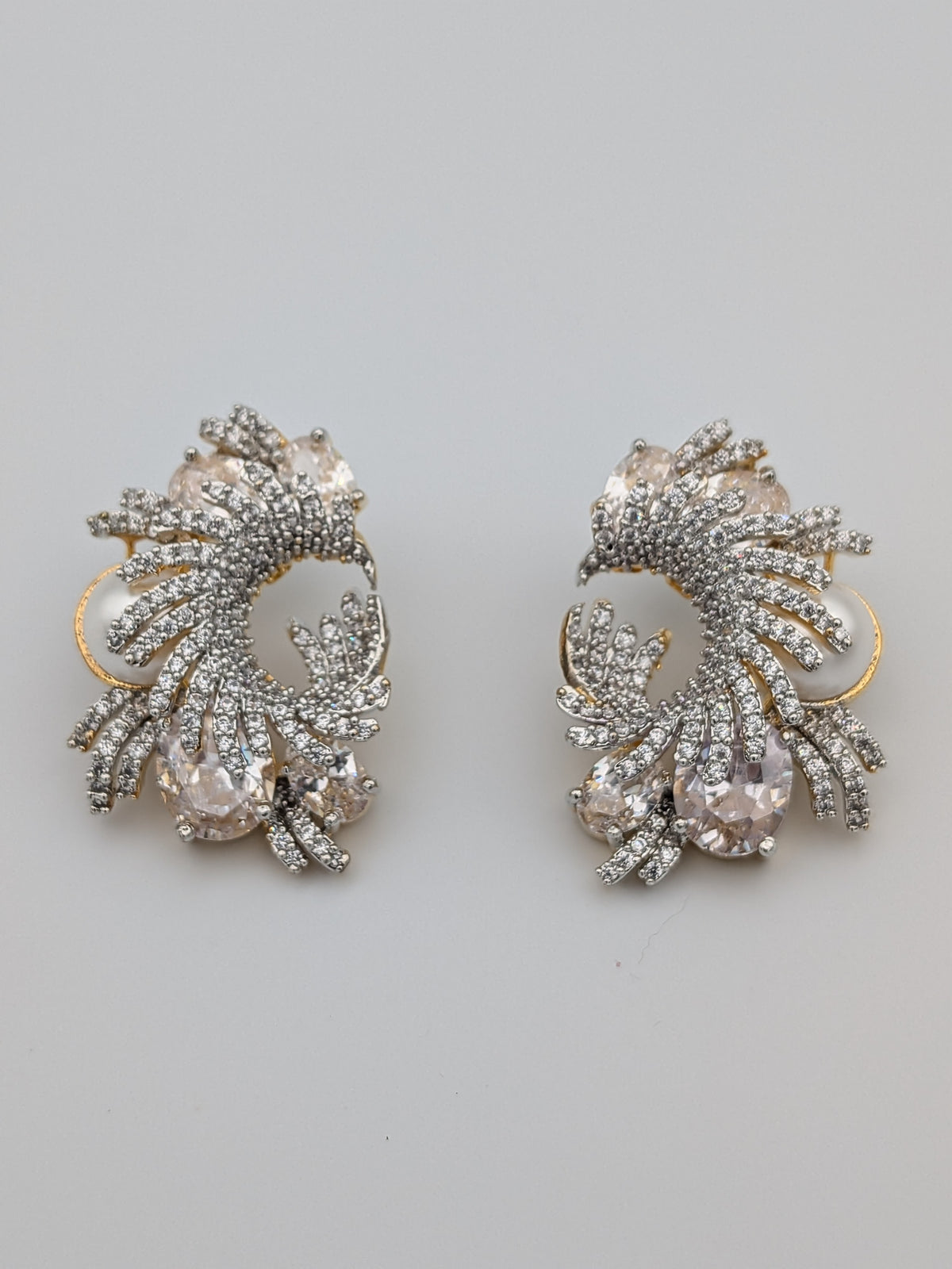 White crystal and zircon swirl earrings with pearl accent  — luxury statement earrings by TreasureDrum