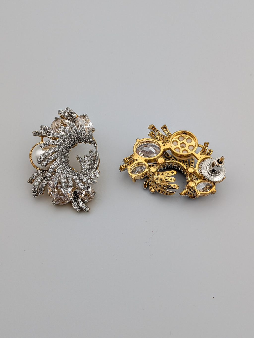 White crystal and zircon swirl earrings with pearl accent  — luxury statement earrings by TreasureDrum