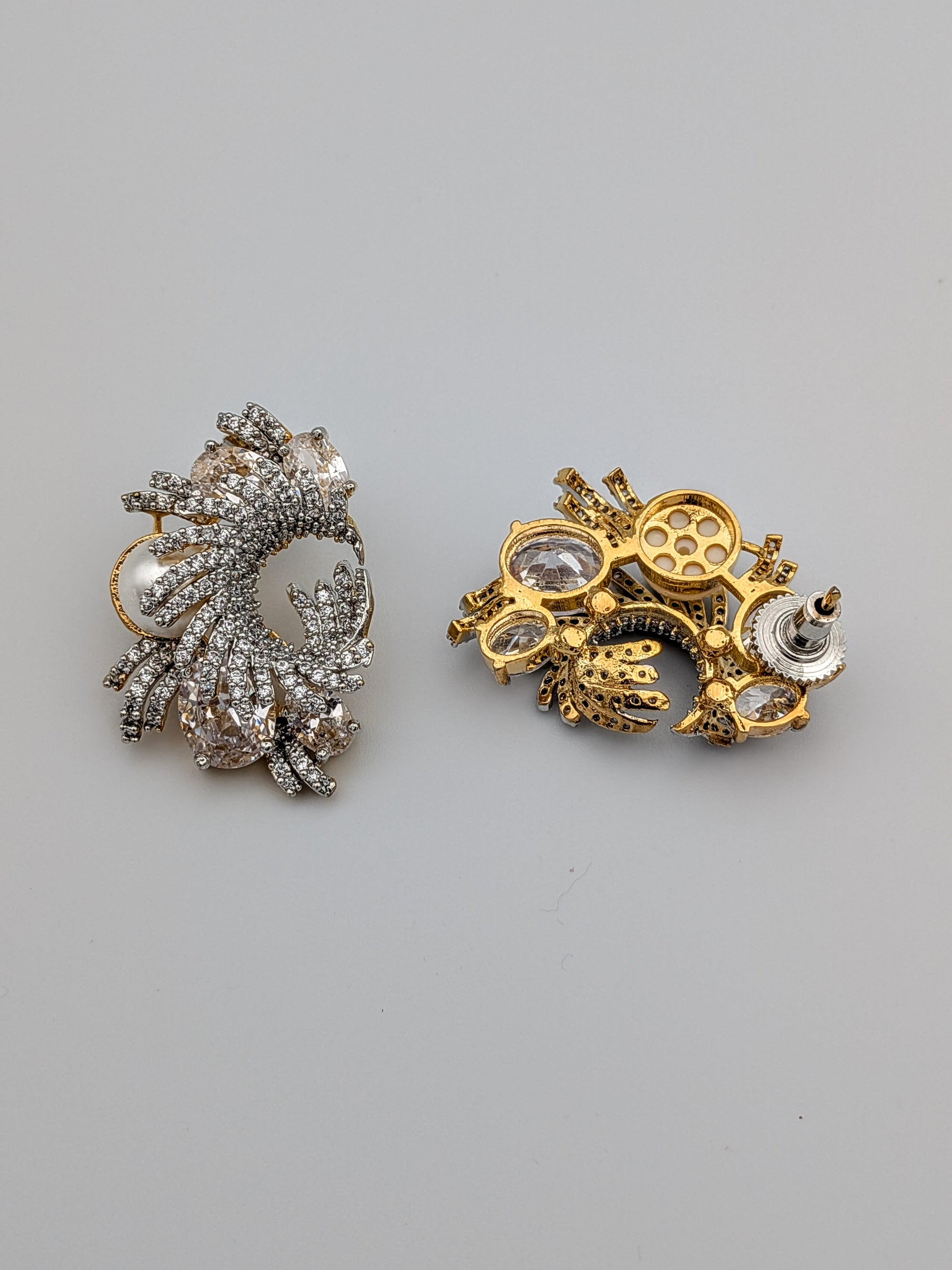 White crystal and zircon swirl earrings with pearl accent  — luxury statement earrings by TreasureDrum