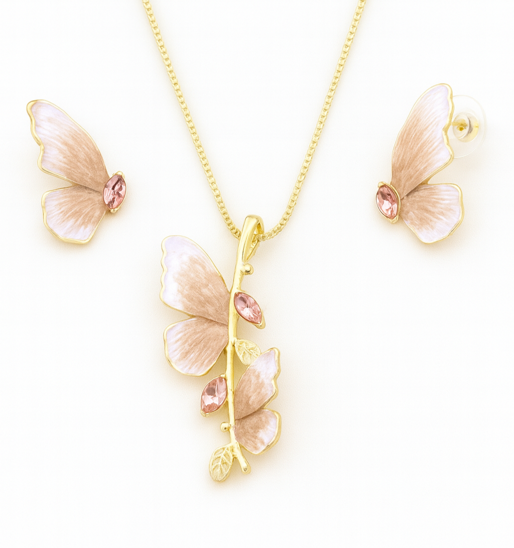 Butterfly-shaped necklace with pink gemstones